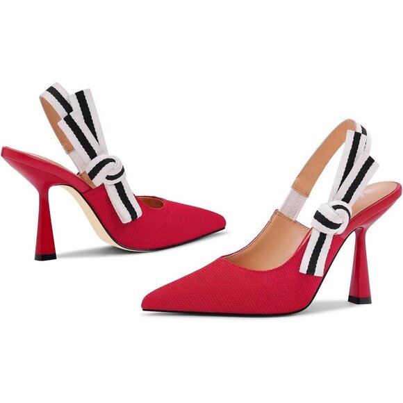 🆕Women Red Heels Pointed Toe High Heels Bowknot Knitted Dress Pumps Shoes - Picture 7 of 7